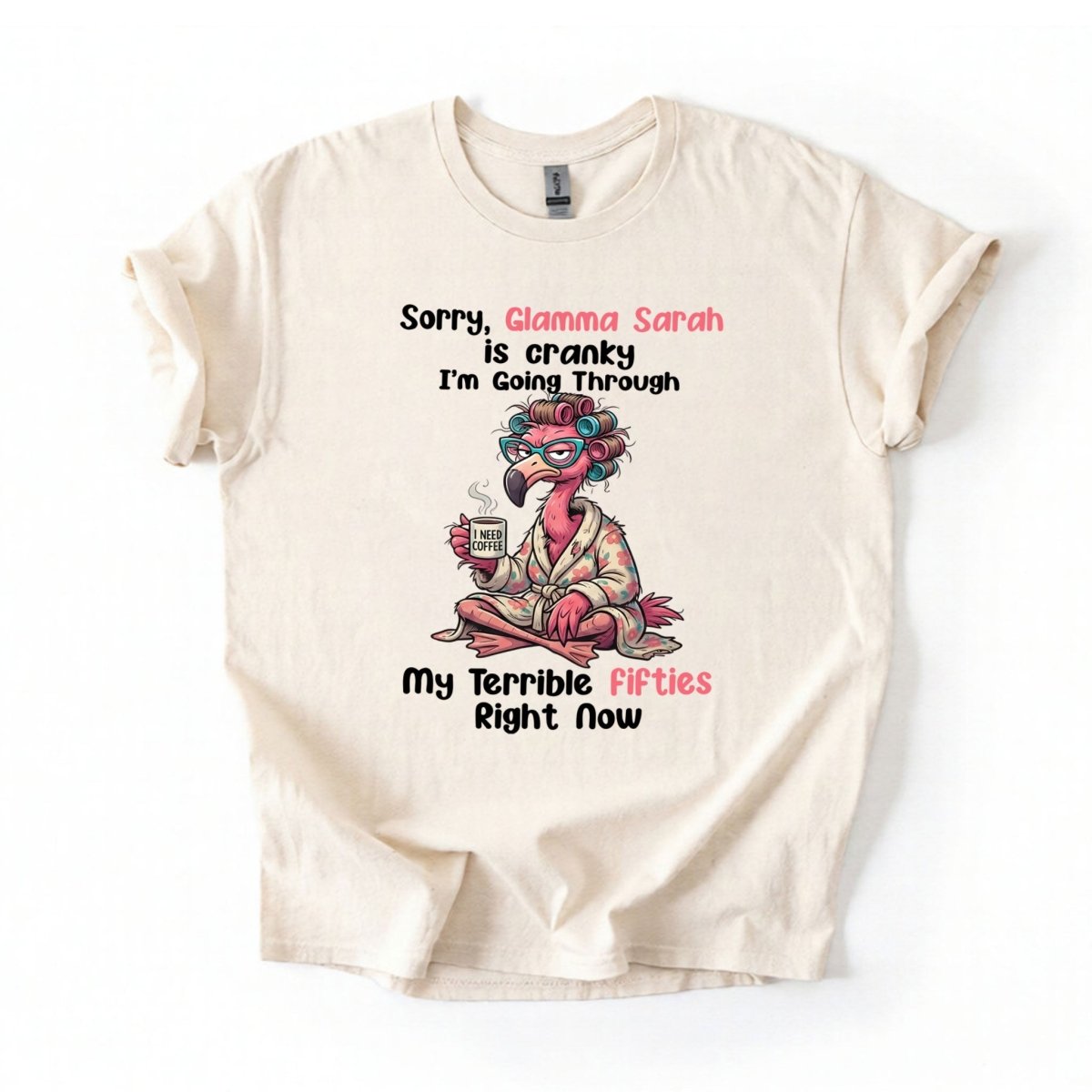 Grumpy Personalized Flamingo Shirt for Women Over 50 - Custom Glamma Fifties Coffee Tee - FlamingoAholic
