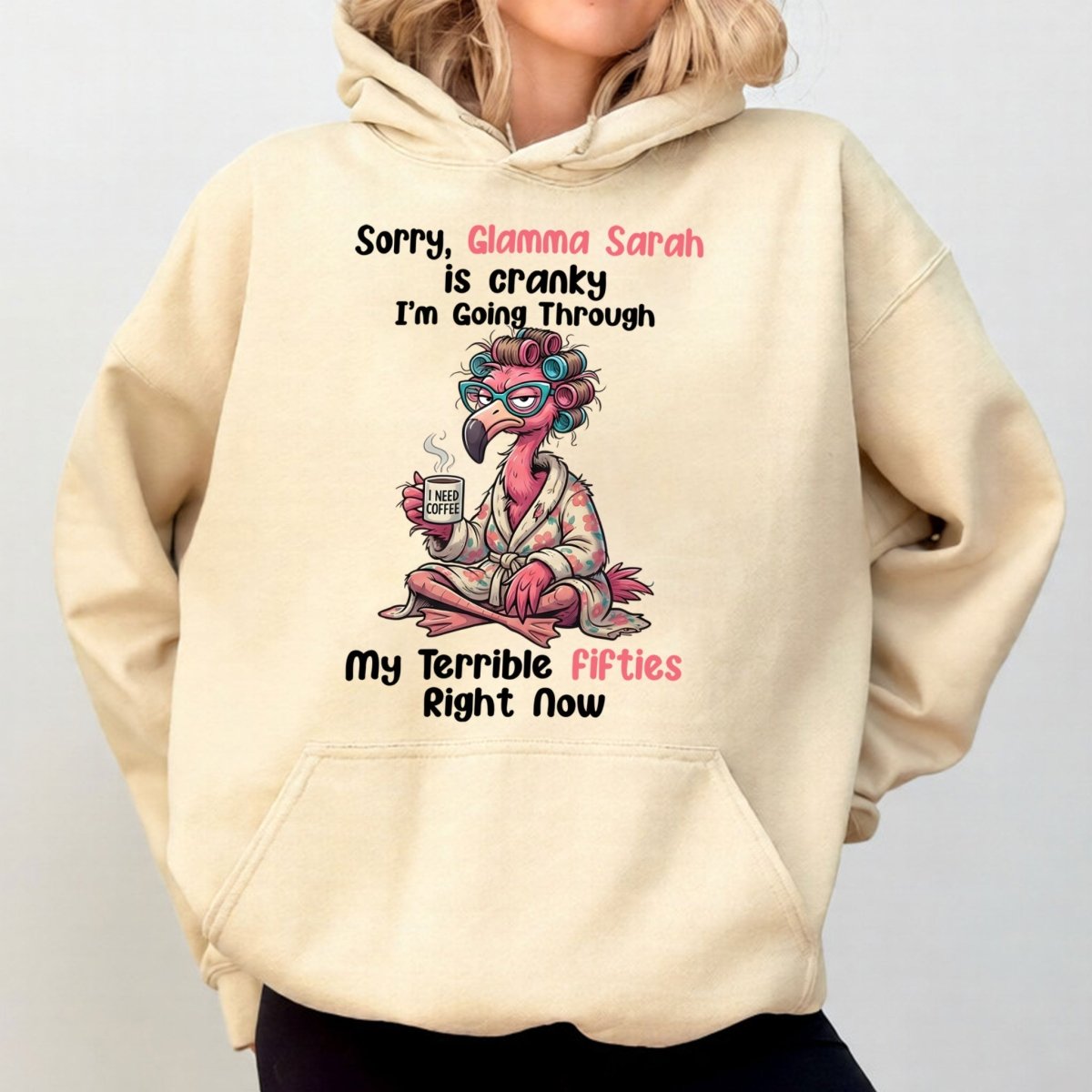 Grumpy Personalized Flamingo Shirt for Women Over 50 - Custom Glamma Fifties Coffee Tee - FlamingoAholic