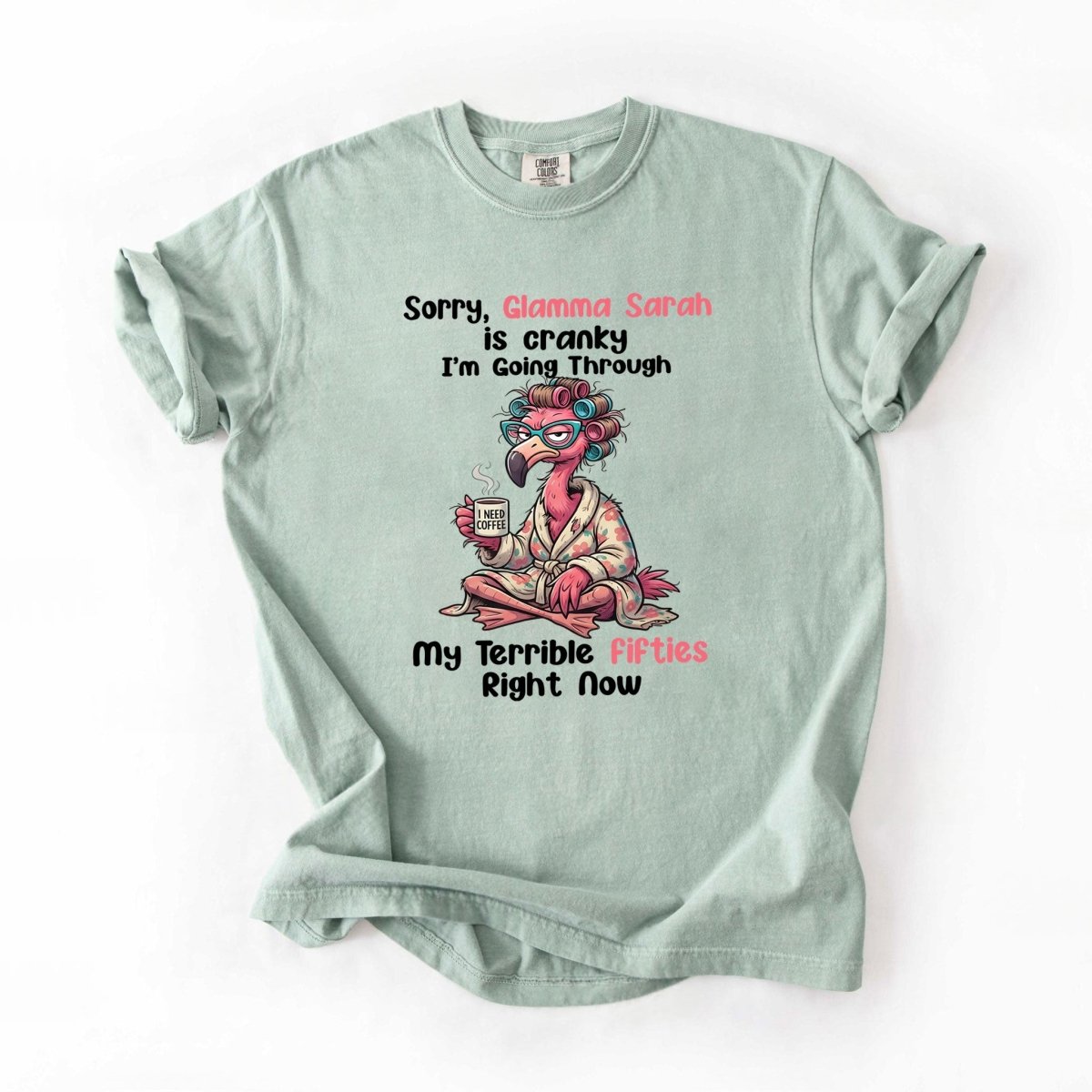 Grumpy Personalized Flamingo Shirt for Women Over 50 - Custom Glamma Fifties Coffee Tee - FlamingoAholic