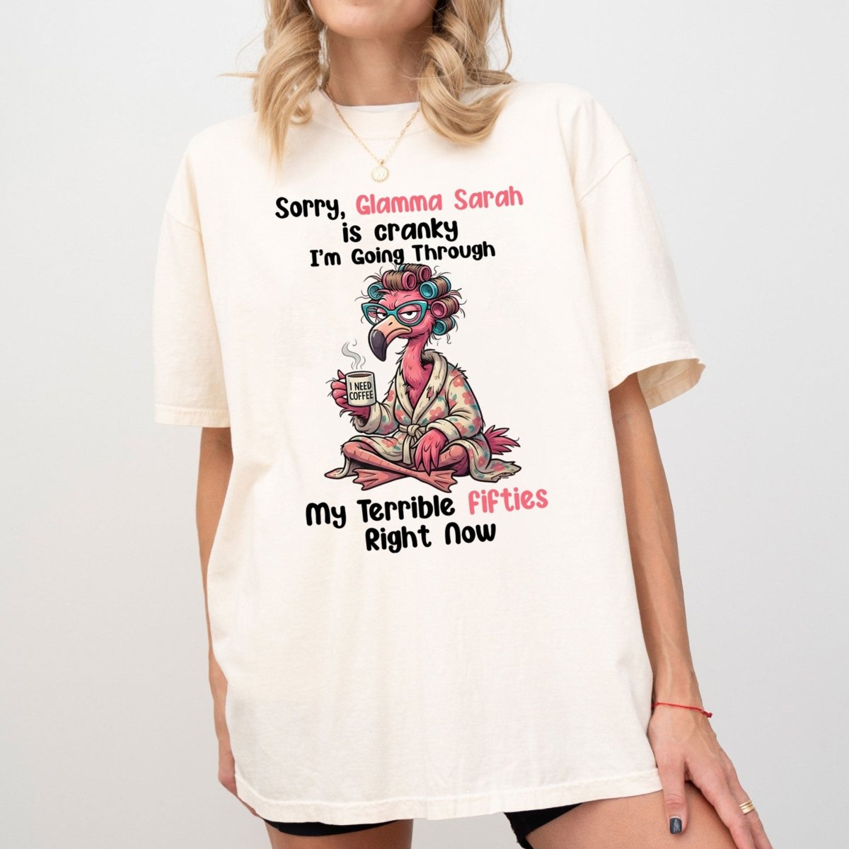 Grumpy Personalized Flamingo Shirt for Women Over 50 - Custom Glamma Fifties Coffee Tee - FlamingoAholic