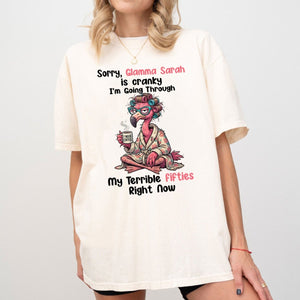 Grumpy Personalized Flamingo Shirt for Women Over 50 - Custom Glamma Fifties Coffee Tee - FlamingoAholic