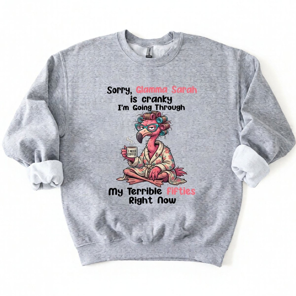 Grumpy Personalized Flamingo Shirt for Women Over 50 - Custom Glamma Fifties Coffee Tee - FlamingoAholic