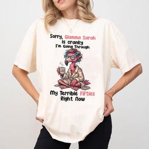 Grumpy Personalized Flamingo Shirt for Women Over 50 - Custom Glamma Fifties Coffee Tee - FlamingoAholic