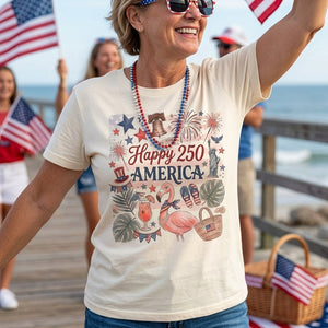 Happy 250 America Patriotic Doodle Flamingo T-Shirt - FlamingoAholic