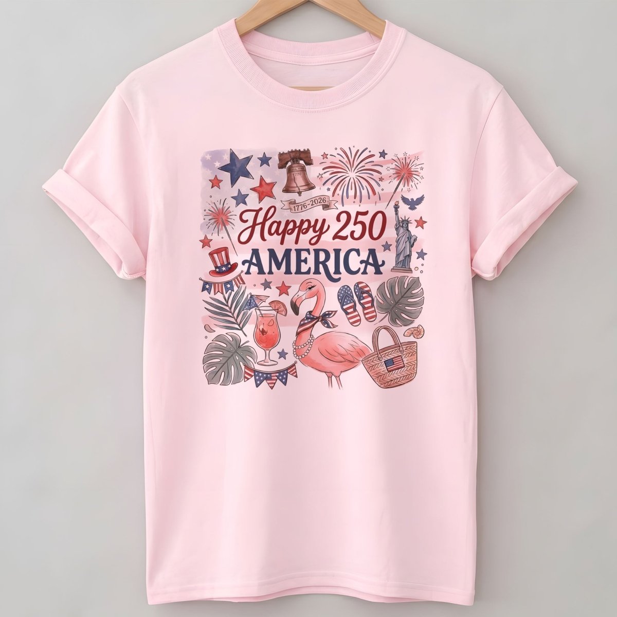 Happy 250 America Patriotic Doodle Flamingo T-Shirt - FlamingoAholic