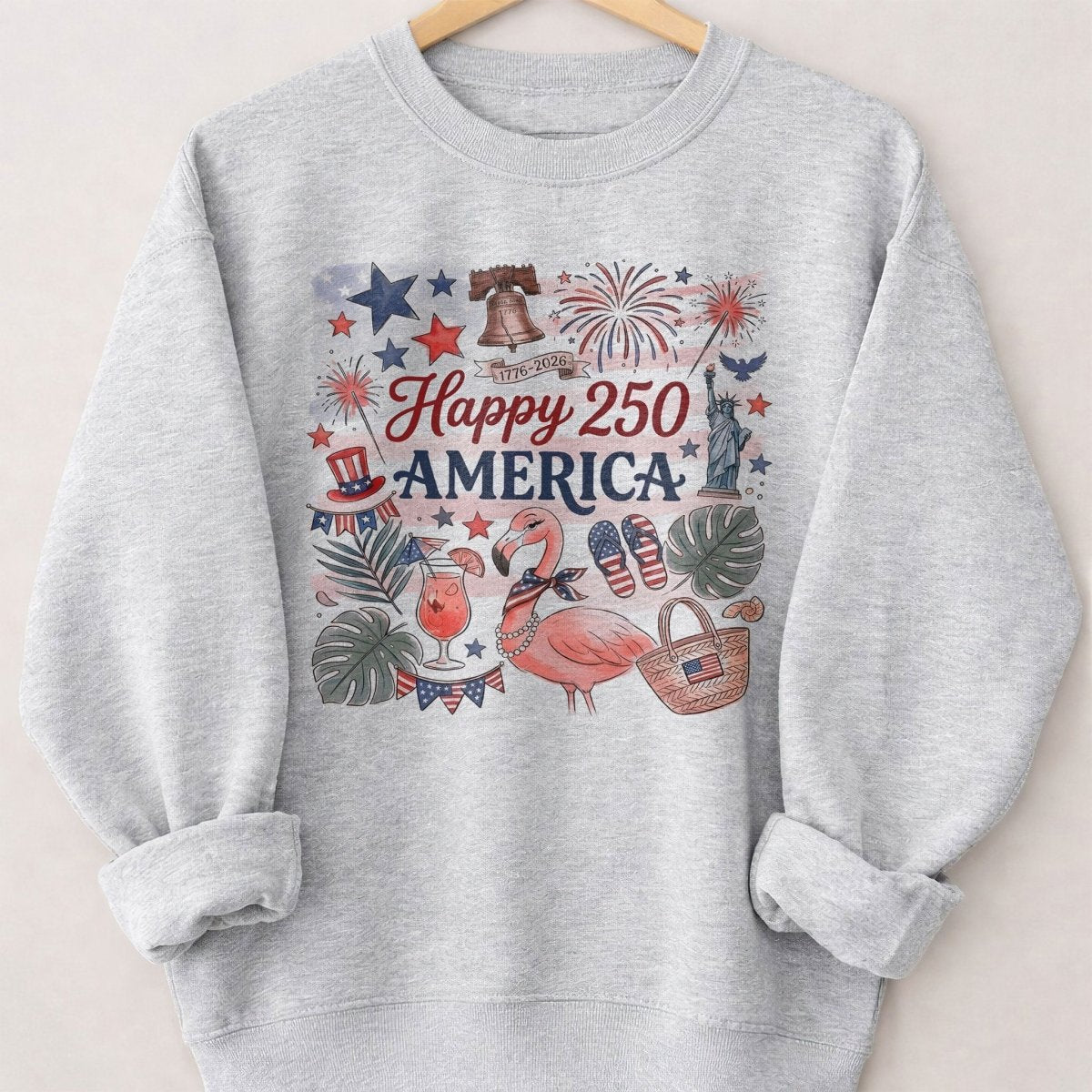 Happy 250 America Patriotic Doodle Flamingo T-Shirt - FlamingoAholic