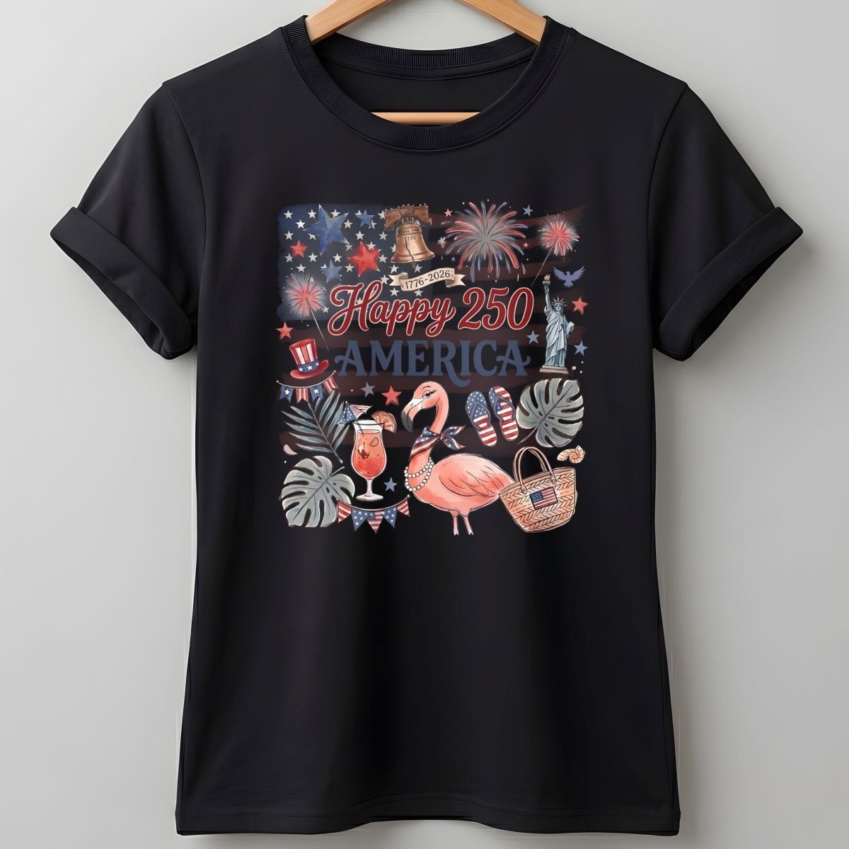 Happy 250 America Patriotic Doodle Flamingo T-Shirt - FlamingoAholic