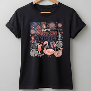 Happy 250 America Patriotic Doodle Flamingo T-Shirt - FlamingoAholic