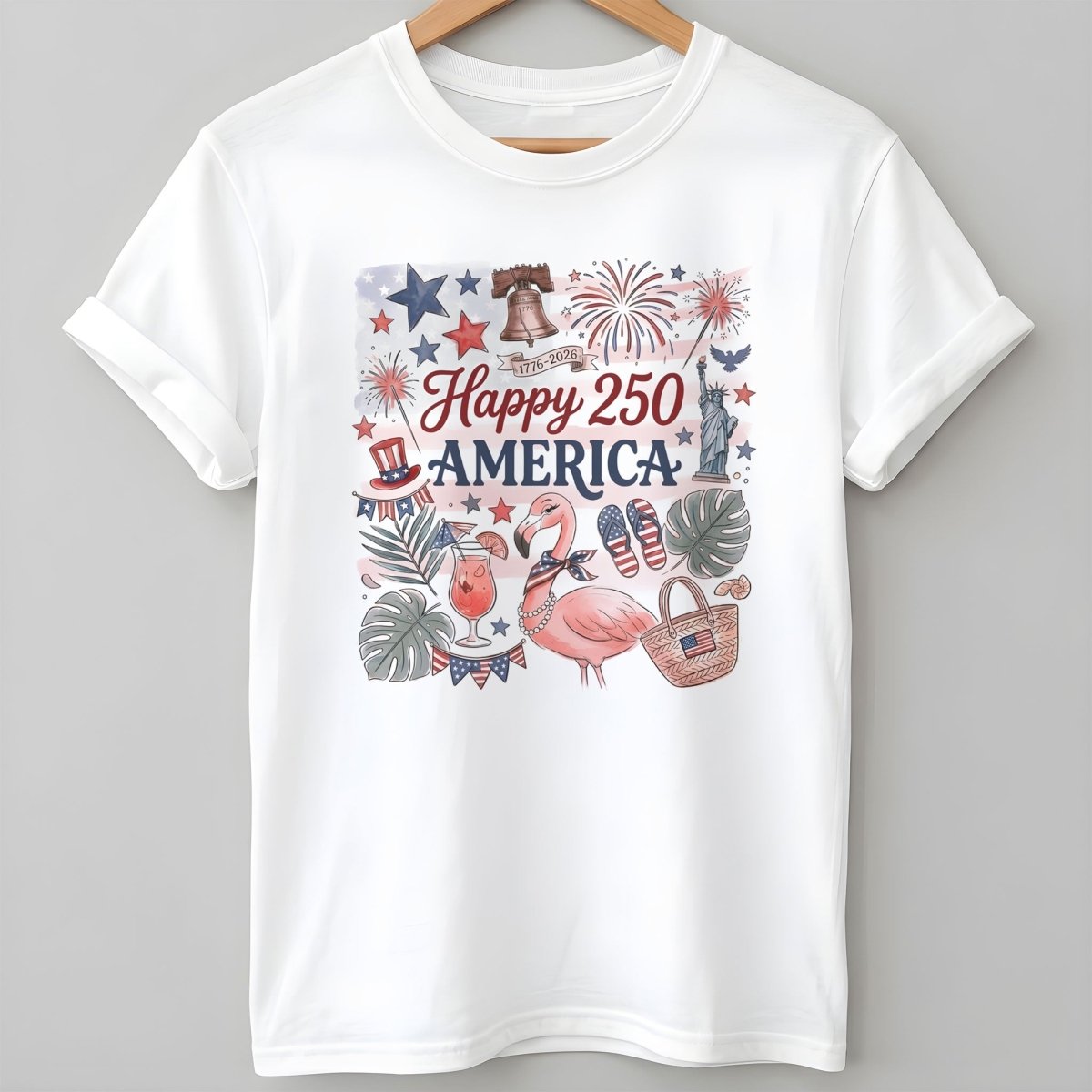 Happy 250 America Patriotic Doodle Flamingo T-Shirt - FlamingoAholic