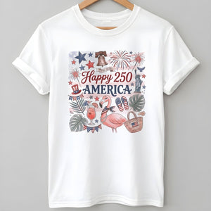 Happy 250 America Patriotic Doodle Flamingo T-Shirt - FlamingoAholic