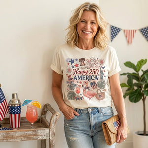 Happy 250 America Patriotic Doodle Flamingo T-Shirt - FlamingoAholic