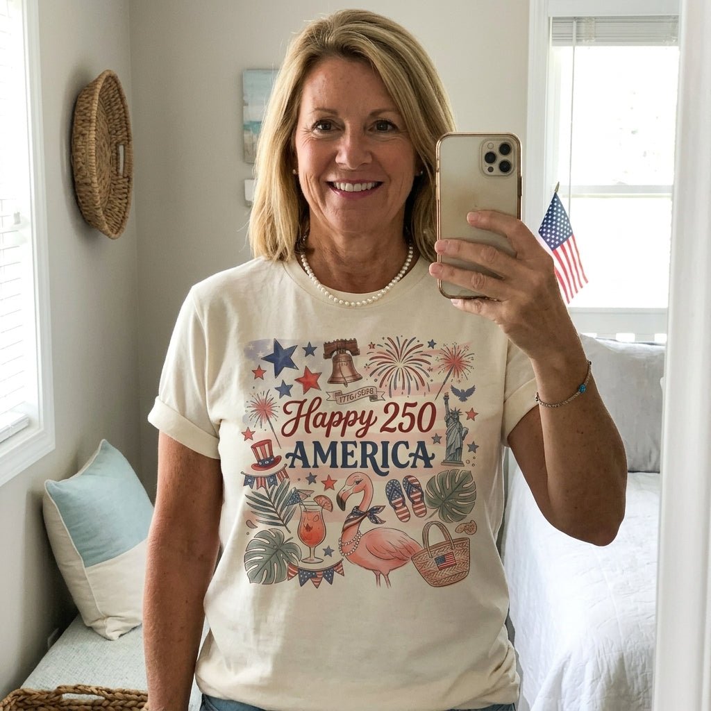 Happy 250 America Patriotic Doodle Flamingo T-Shirt - FlamingoAholic