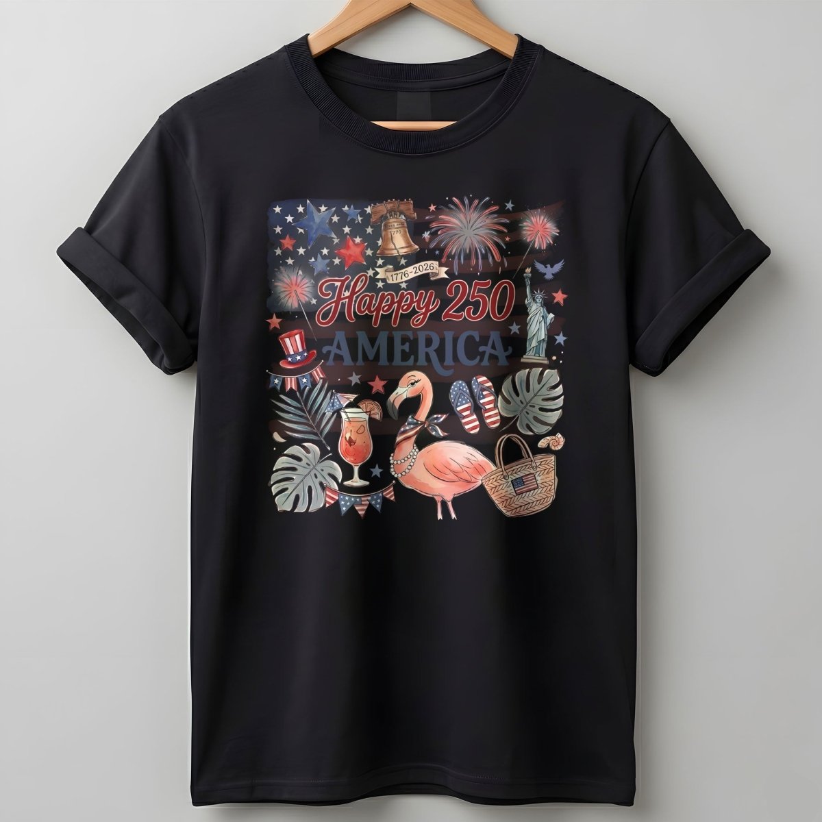 Happy 250 America Patriotic Doodle Flamingo T-Shirt - FlamingoAholic