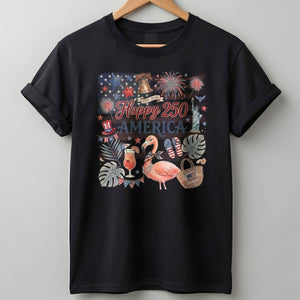 Happy 250 America Patriotic Doodle Flamingo T-Shirt - FlamingoAholic