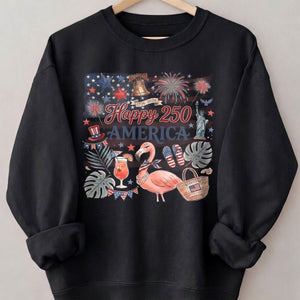 Happy 250 America Patriotic Doodle Flamingo T-Shirt - FlamingoAholic