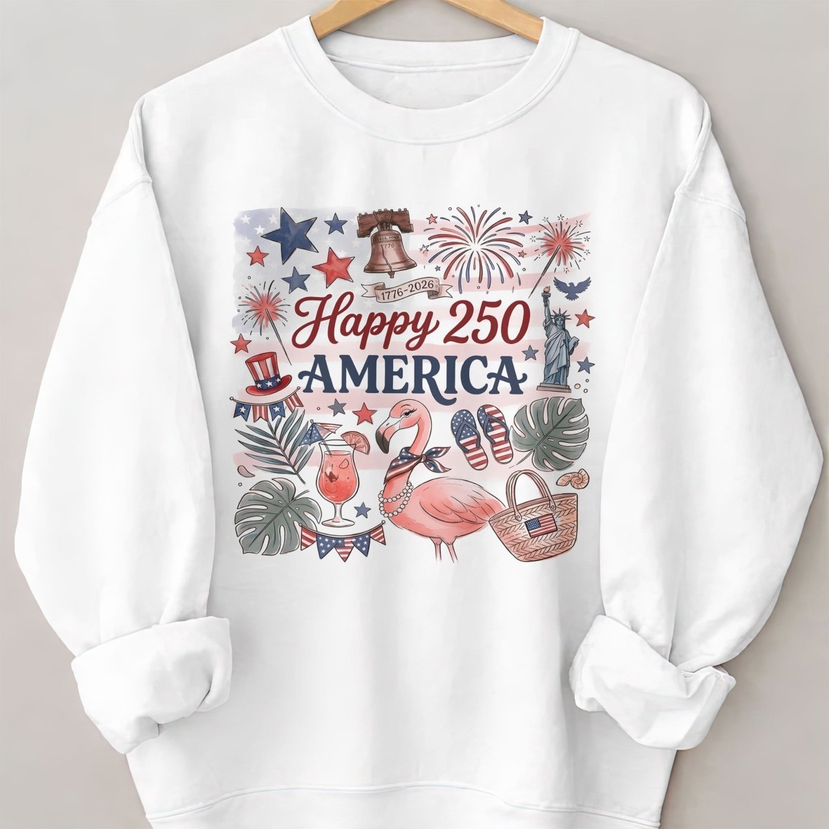 Happy 250 America Patriotic Doodle Flamingo T-Shirt - FlamingoAholic