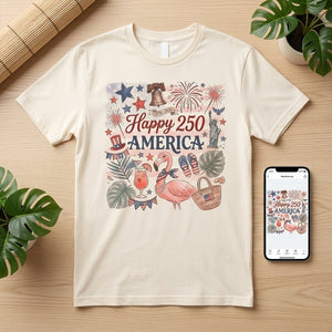 Happy 250 America Patriotic Doodle Flamingo T-Shirt - FlamingoAholic