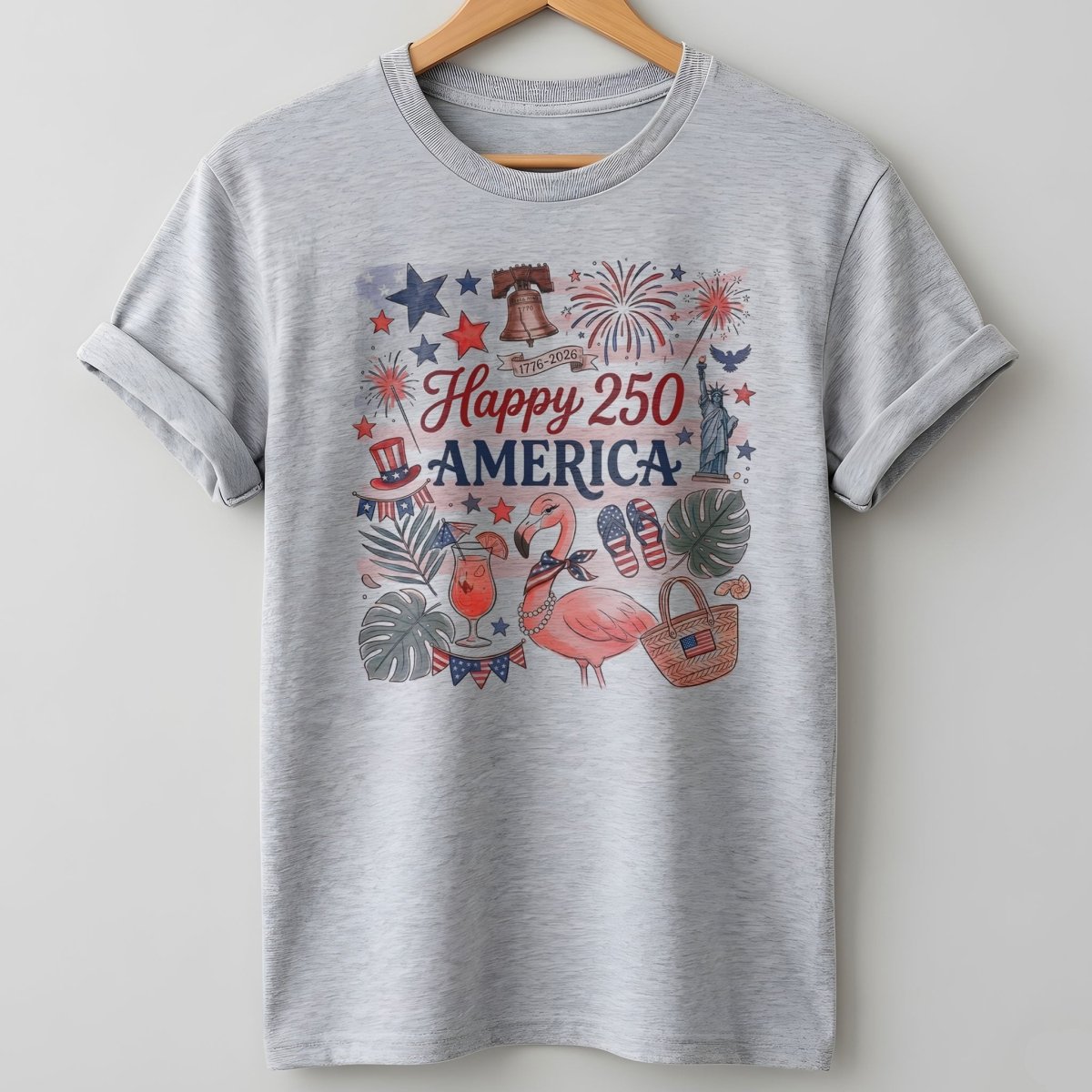Happy 250 America Patriotic Doodle Flamingo T-Shirt - FlamingoAholic
