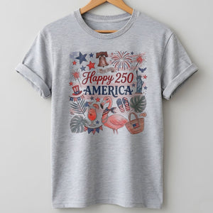 Happy 250 America Patriotic Doodle Flamingo T-Shirt - FlamingoAholic