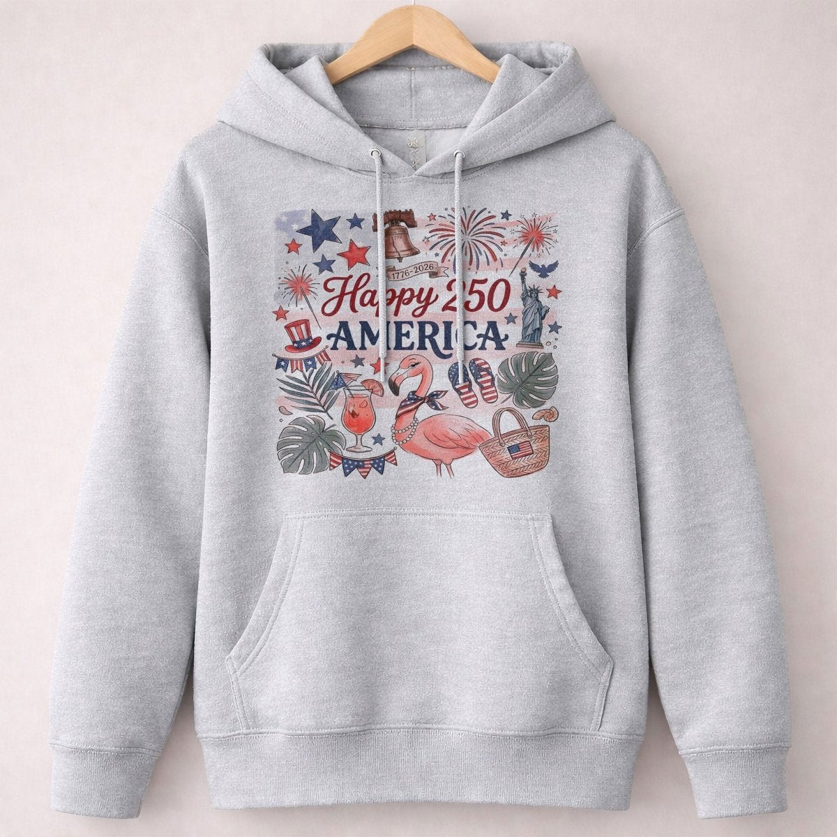 Happy 250 America Patriotic Doodle Flamingo T-Shirt - FlamingoAholic