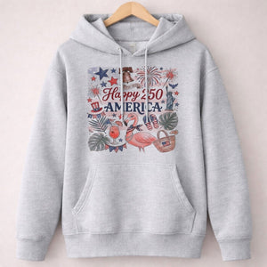Happy 250 America Patriotic Doodle Flamingo T-Shirt - FlamingoAholic