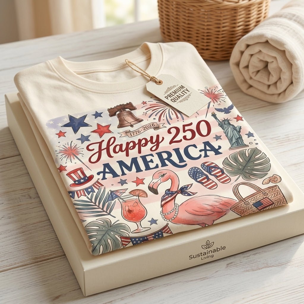 Happy 250 America Patriotic Doodle Flamingo T-Shirt - FlamingoAholic