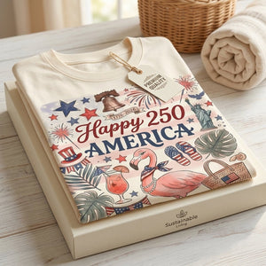 Happy 250 America Patriotic Doodle Flamingo T-Shirt - FlamingoAholic