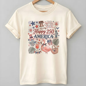 Happy 250 America Patriotic Doodle Flamingo T-Shirt - FlamingoAholic