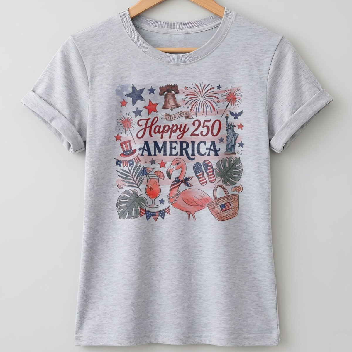 Happy 250 America Patriotic Doodle Flamingo T-Shirt - FlamingoAholic