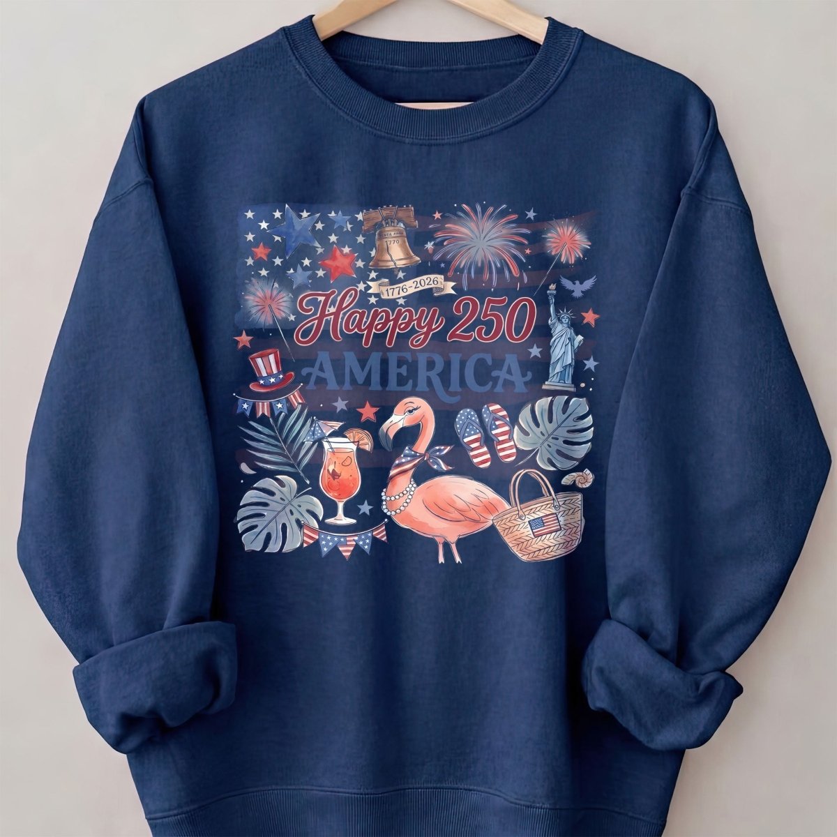 Happy 250 America Patriotic Doodle Flamingo T-Shirt - FlamingoAholic