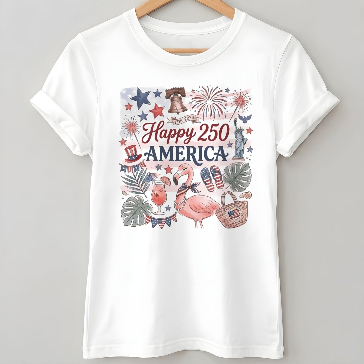 Happy 250 America Patriotic Doodle Flamingo T-Shirt - FlamingoAholic