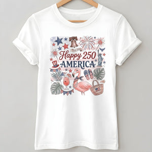 Happy 250 America Patriotic Doodle Flamingo T-Shirt - FlamingoAholic