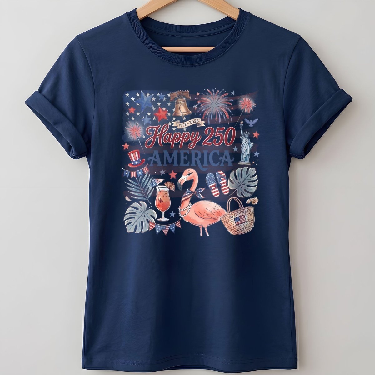 Happy 250 America Patriotic Doodle Flamingo T-Shirt - FlamingoAholic