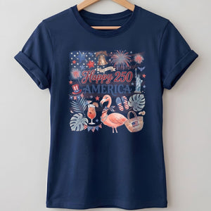 Happy 250 America Patriotic Doodle Flamingo T-Shirt - FlamingoAholic