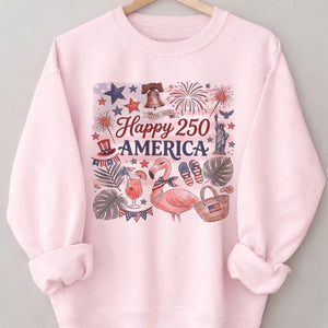 Happy 250 America Patriotic Doodle Flamingo T-Shirt - FlamingoAholic