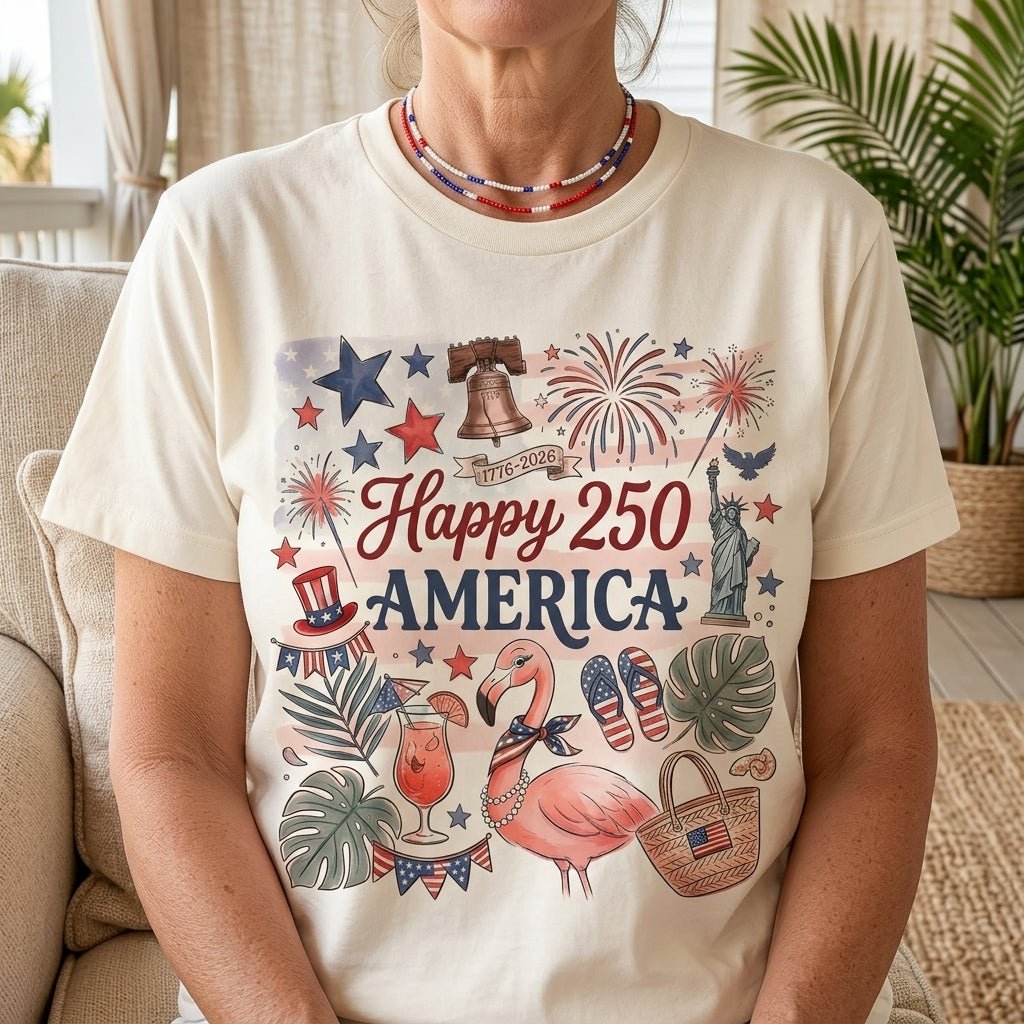 Happy 250 America Patriotic Doodle Flamingo T-Shirt - FlamingoAholic