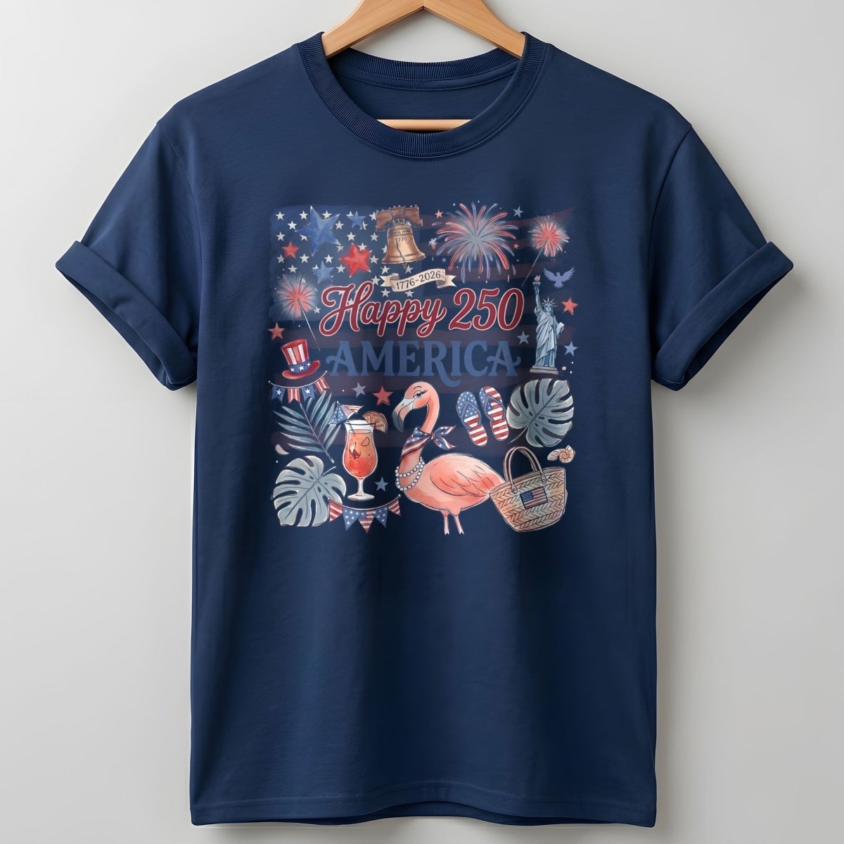 Happy 250 America Patriotic Doodle Flamingo T-Shirt - FlamingoAholic