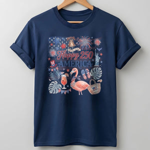 Happy 250 America Patriotic Doodle Flamingo T-Shirt - FlamingoAholic