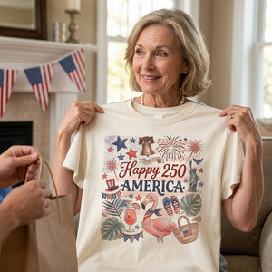 Happy 250 America Patriotic Doodle Flamingo T-Shirt - FlamingoAholic