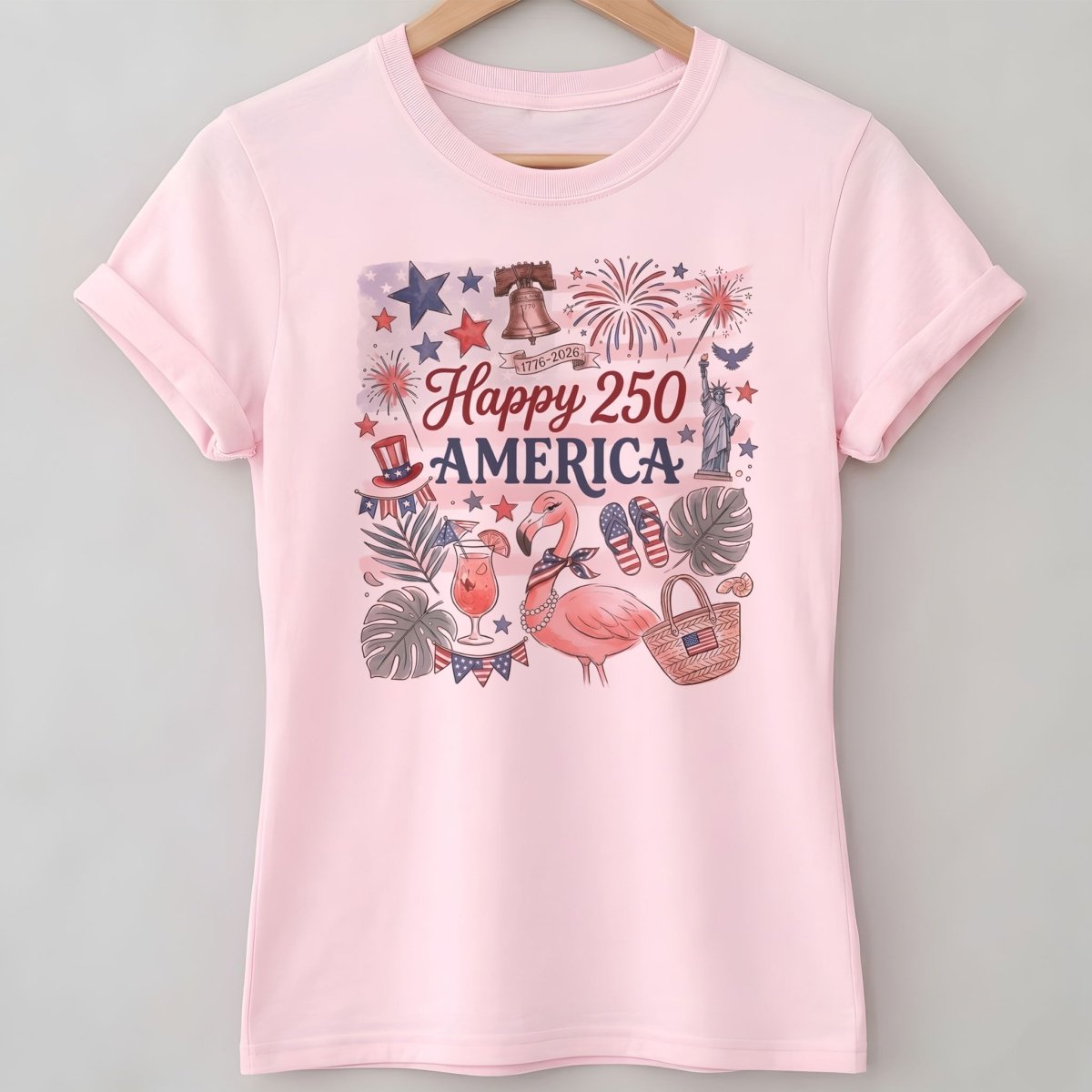 Happy 250 America Patriotic Doodle Flamingo T-Shirt - FlamingoAholic