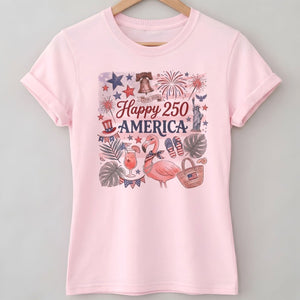 Happy 250 America Patriotic Doodle Flamingo T-Shirt - FlamingoAholic