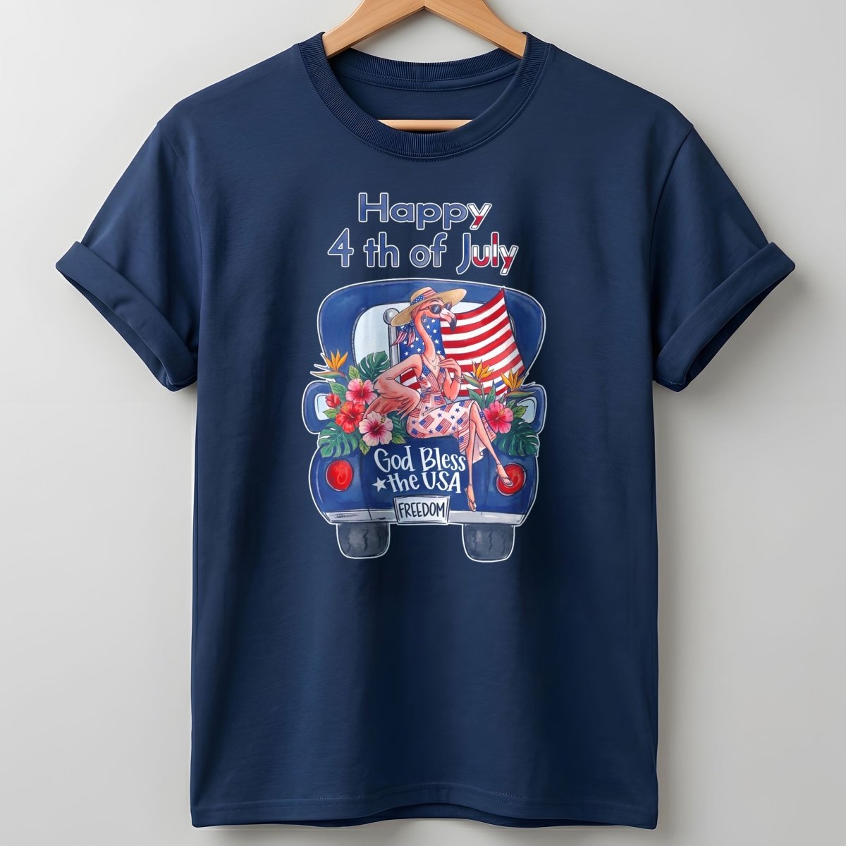 Happy 4th of July God Bless The USA Flamingo Truck Patriotic Shirt - FlamingoAholic