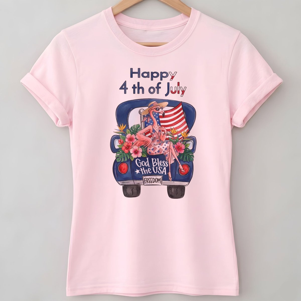 Happy 4th of July God Bless The USA Flamingo Truck Patriotic Shirt - FlamingoAholic