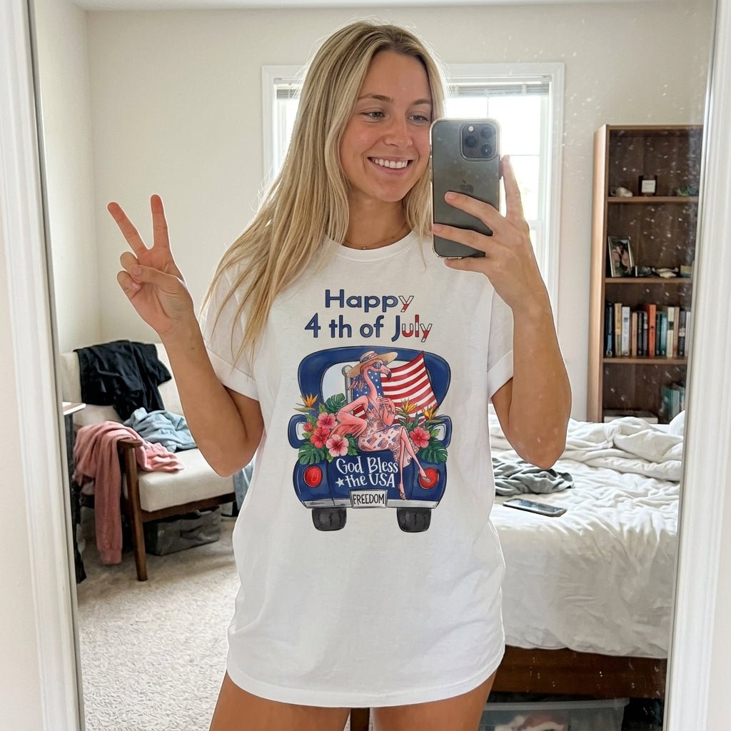 Happy 4th of July God Bless The USA Flamingo Truck Patriotic Shirt - FlamingoAholic