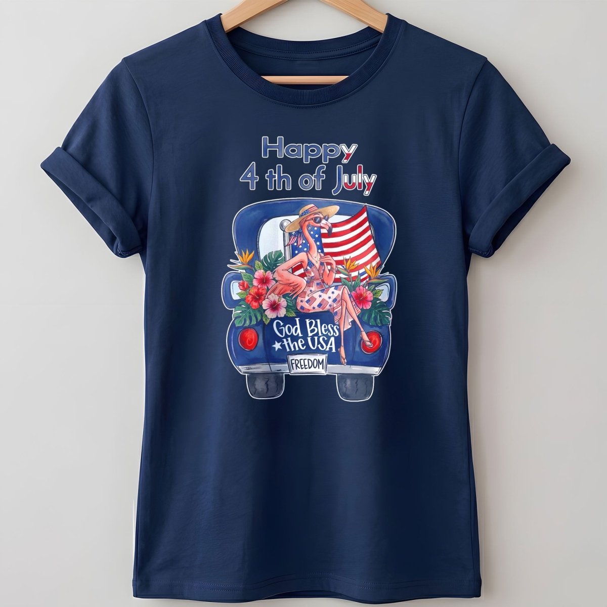 Happy 4th of July God Bless The USA Flamingo Truck Patriotic Shirt - FlamingoAholic