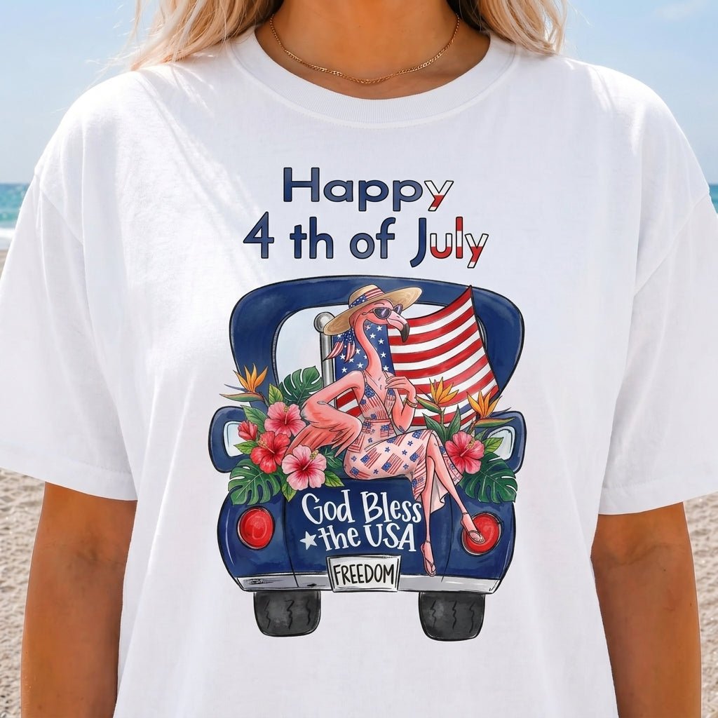 Happy 4th of July God Bless The USA Flamingo Truck Patriotic Shirt - FlamingoAholic