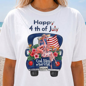 Happy 4th of July God Bless The USA Flamingo Truck Patriotic Shirt - FlamingoAholic