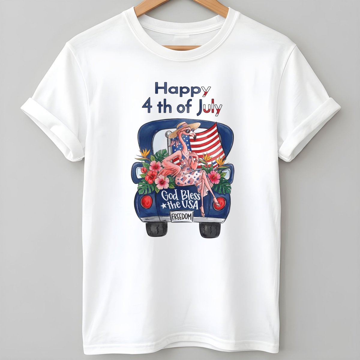 Happy 4th of July God Bless The USA Flamingo Truck Patriotic Shirt - FlamingoAholic