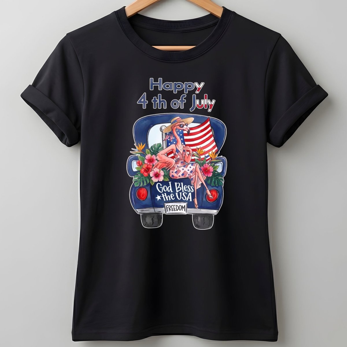 Happy 4th of July God Bless The USA Flamingo Truck Patriotic Shirt - FlamingoAholic