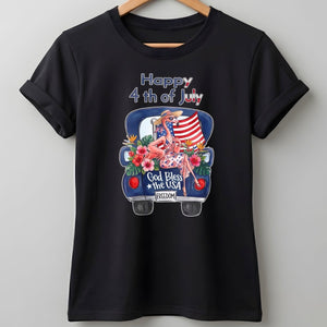 Happy 4th of July God Bless The USA Flamingo Truck Patriotic Shirt - FlamingoAholic